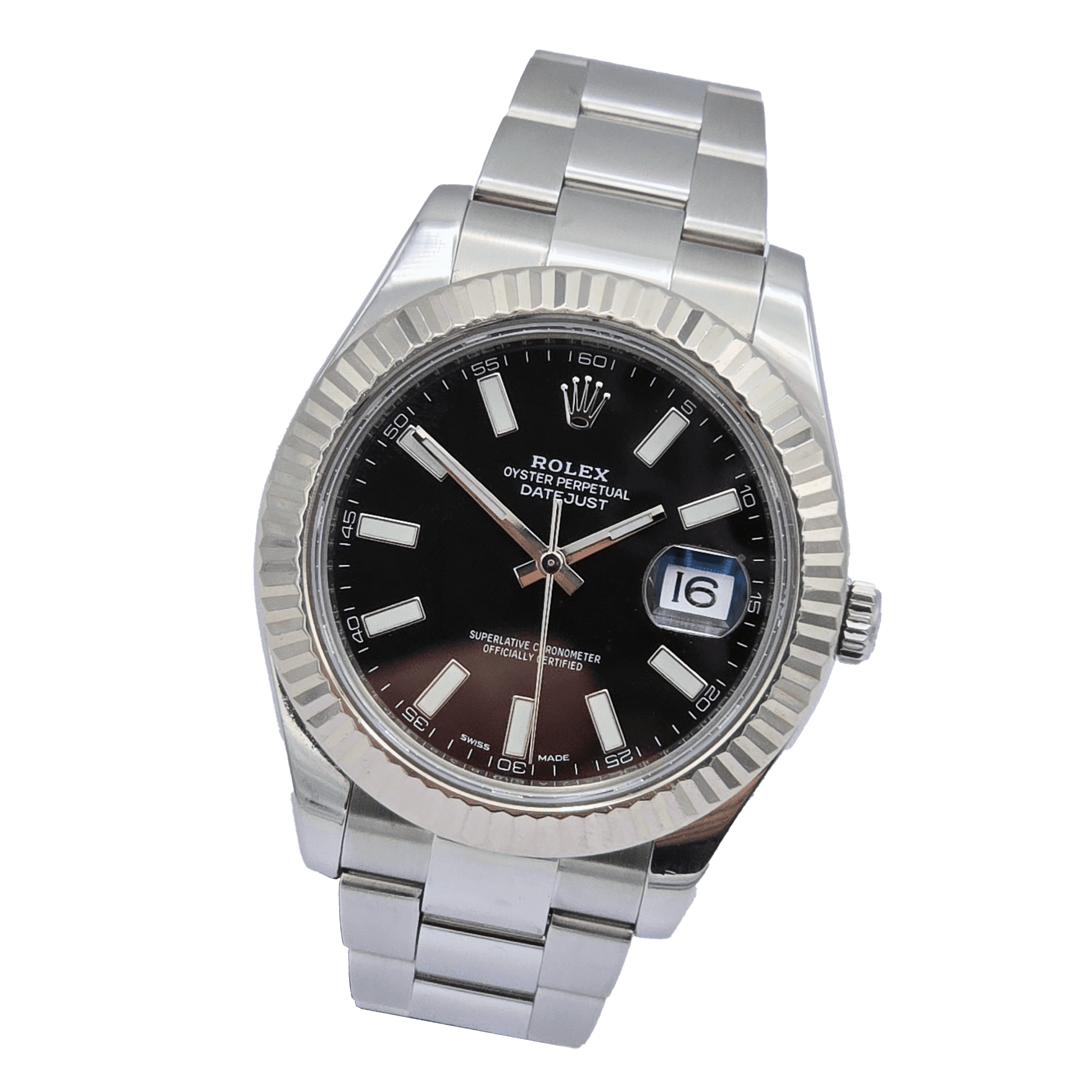 Rolex Datejust II Ref. 116334 classic Black "stick" dial and 18K White Gold fluted bezel – 1
